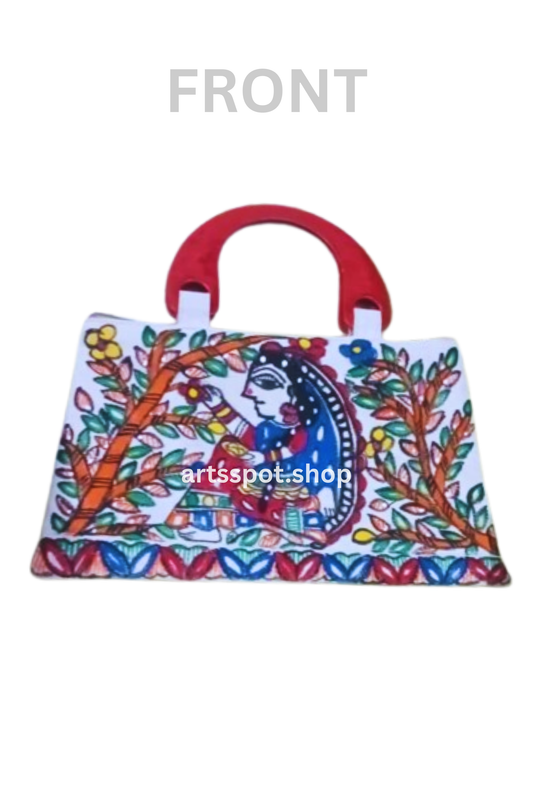 Handmade Madhubani Painted Handbag with Wooden Handle & Zip Closure