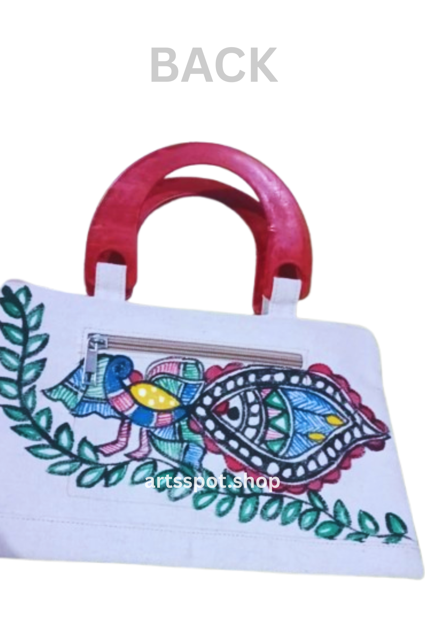 Handmade Madhubani Painted Handbag with Wooden Handle & Zip Closure