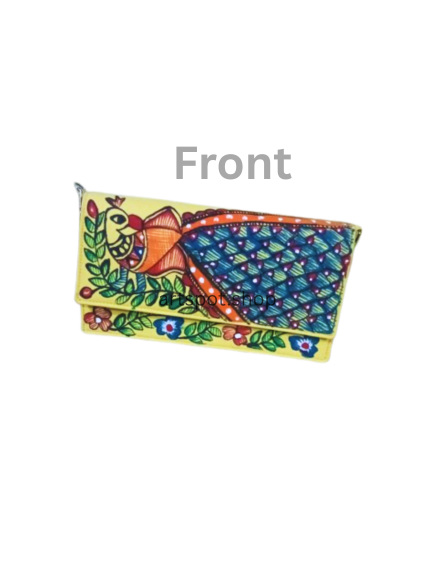 Luxury Silk Clutch with Handcrafted Madhubani Peacock Artwork (Front & Back Design)