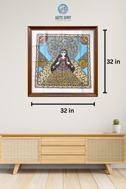 Tree of Life Goddess – Madhubani Painting on Cotton Canvas (32x32 in)
