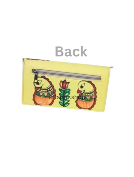 Luxury Silk Clutch with Handcrafted Madhubani Peacock Artwork (Front & Back Design)