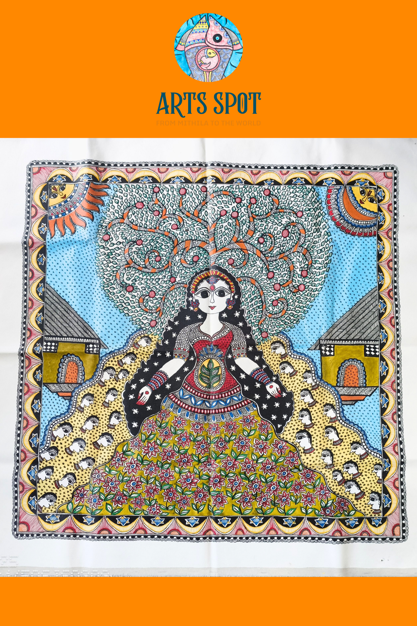 Tree of Life Goddess – Madhubani Painting on Cotton Canvas (32x32 in)