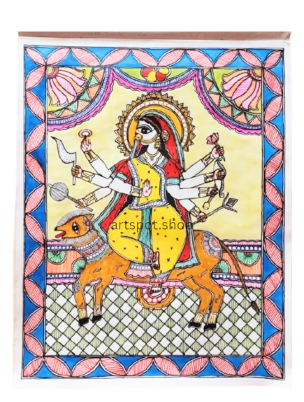 Handmade Acrylic Madhubani Painting – Goddess Durga on Lion
