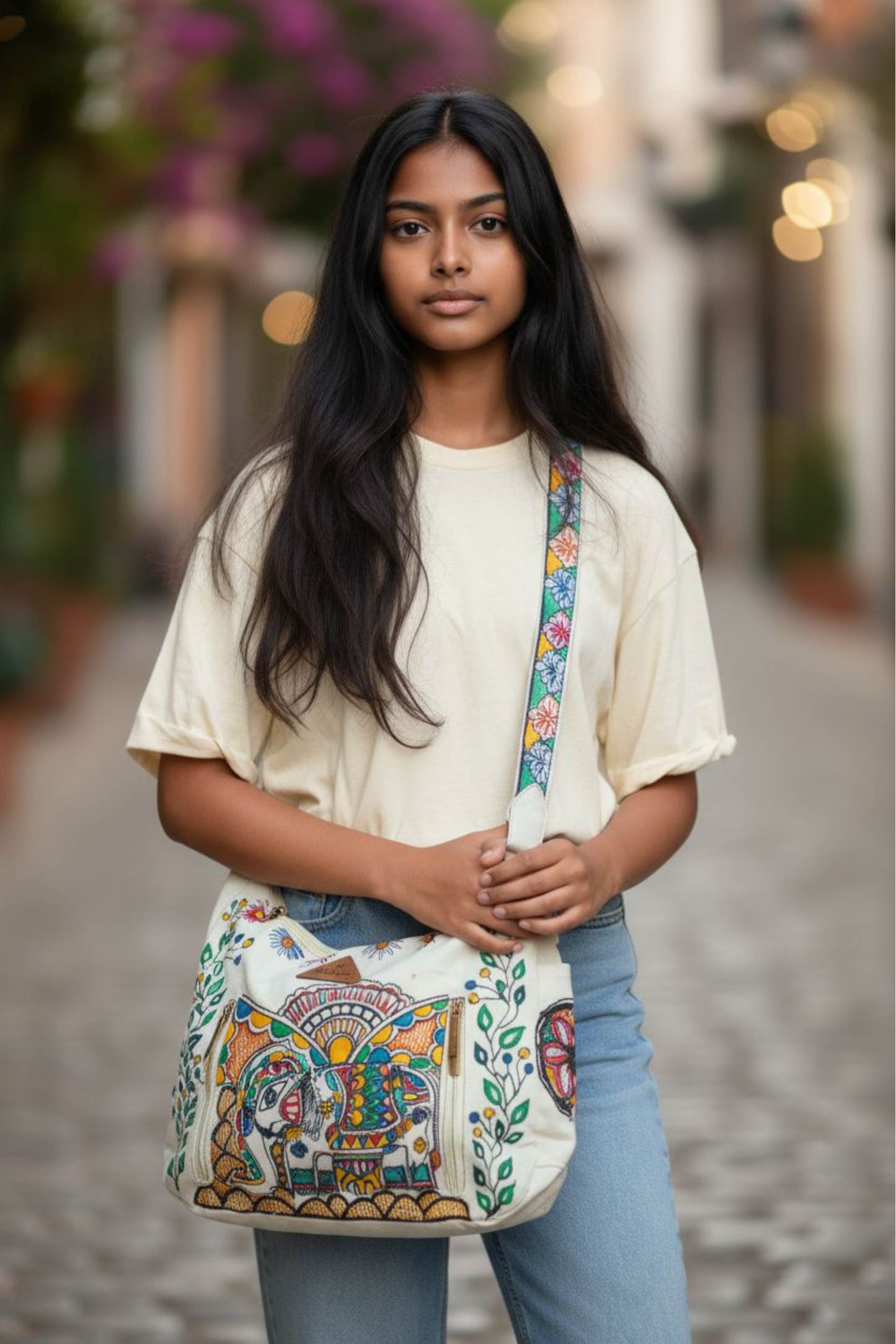 Madhubani Elephant Sling Bag – Hand-Painted Canvas Crossbody