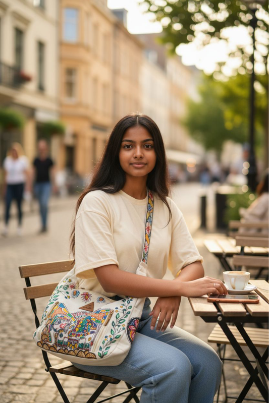 Madhubani Elephant Sling Bag – Hand-Painted Canvas Crossbody