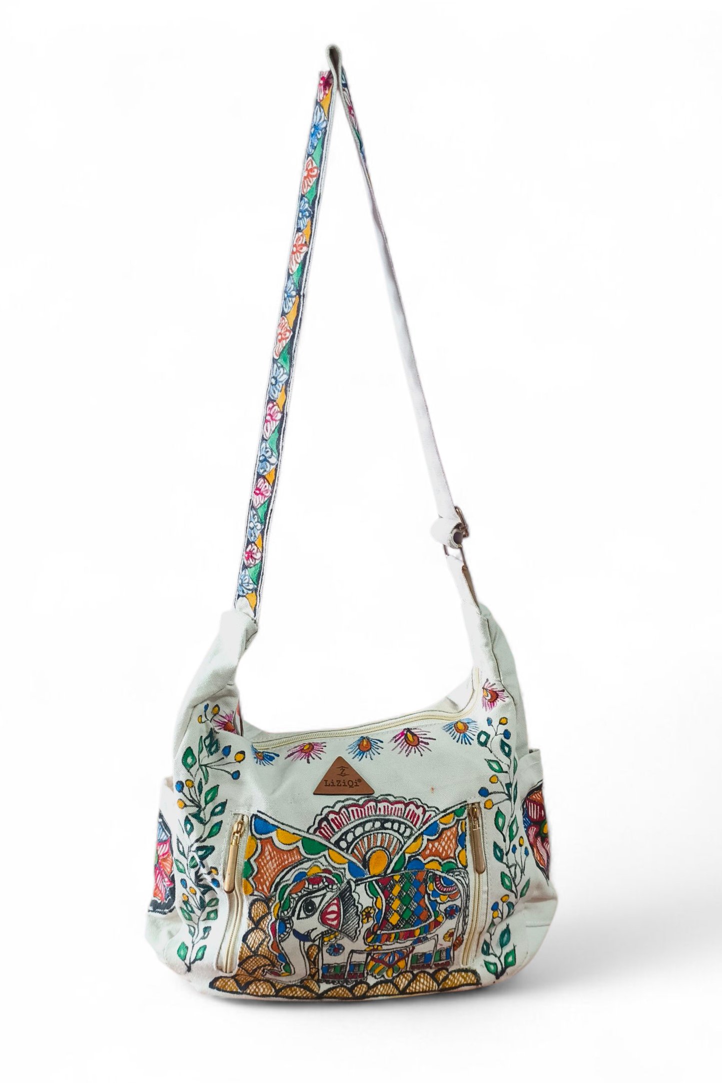 Madhubani Elephant Sling Bag – Hand-Painted Canvas Crossbody