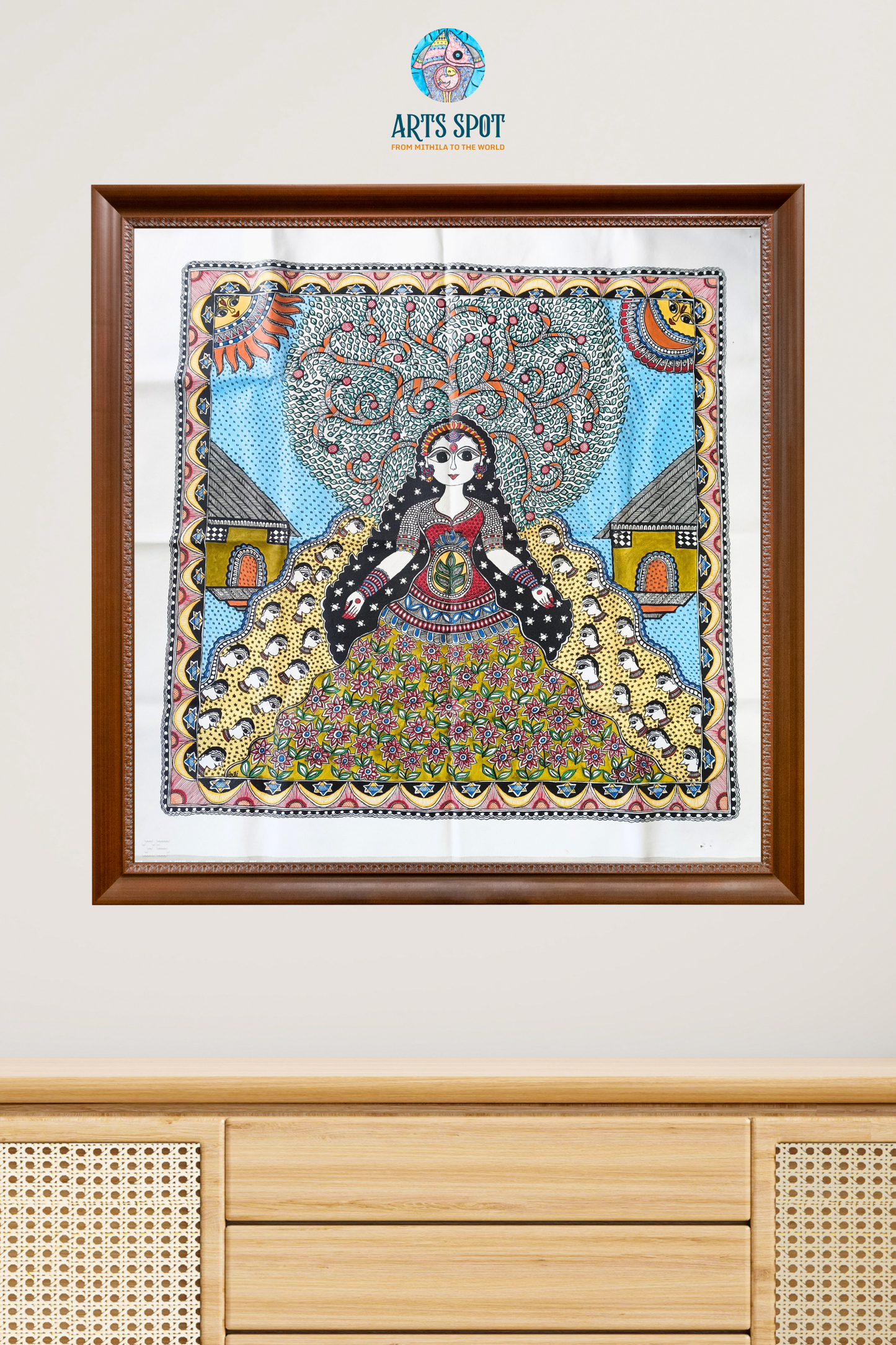 Tree of Life Goddess – Madhubani Painting on Cotton Canvas (32x32 in)
