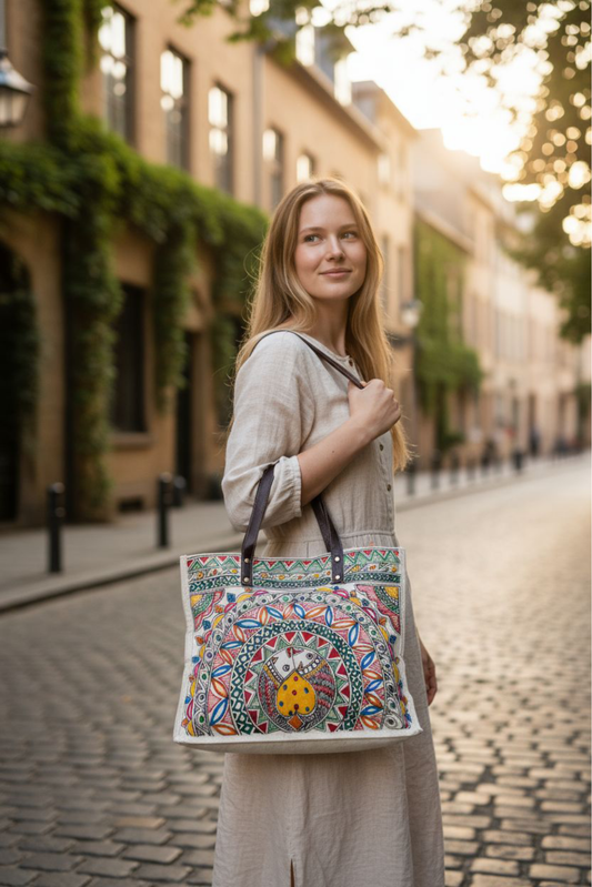 Madhubani Hand-painted Tote Bag – Fish Design