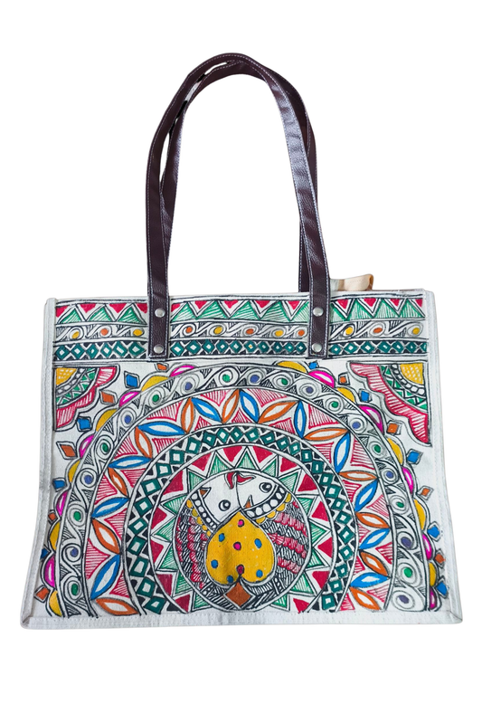 Madhubani Hand-painted Tote Bag – Fish Design
