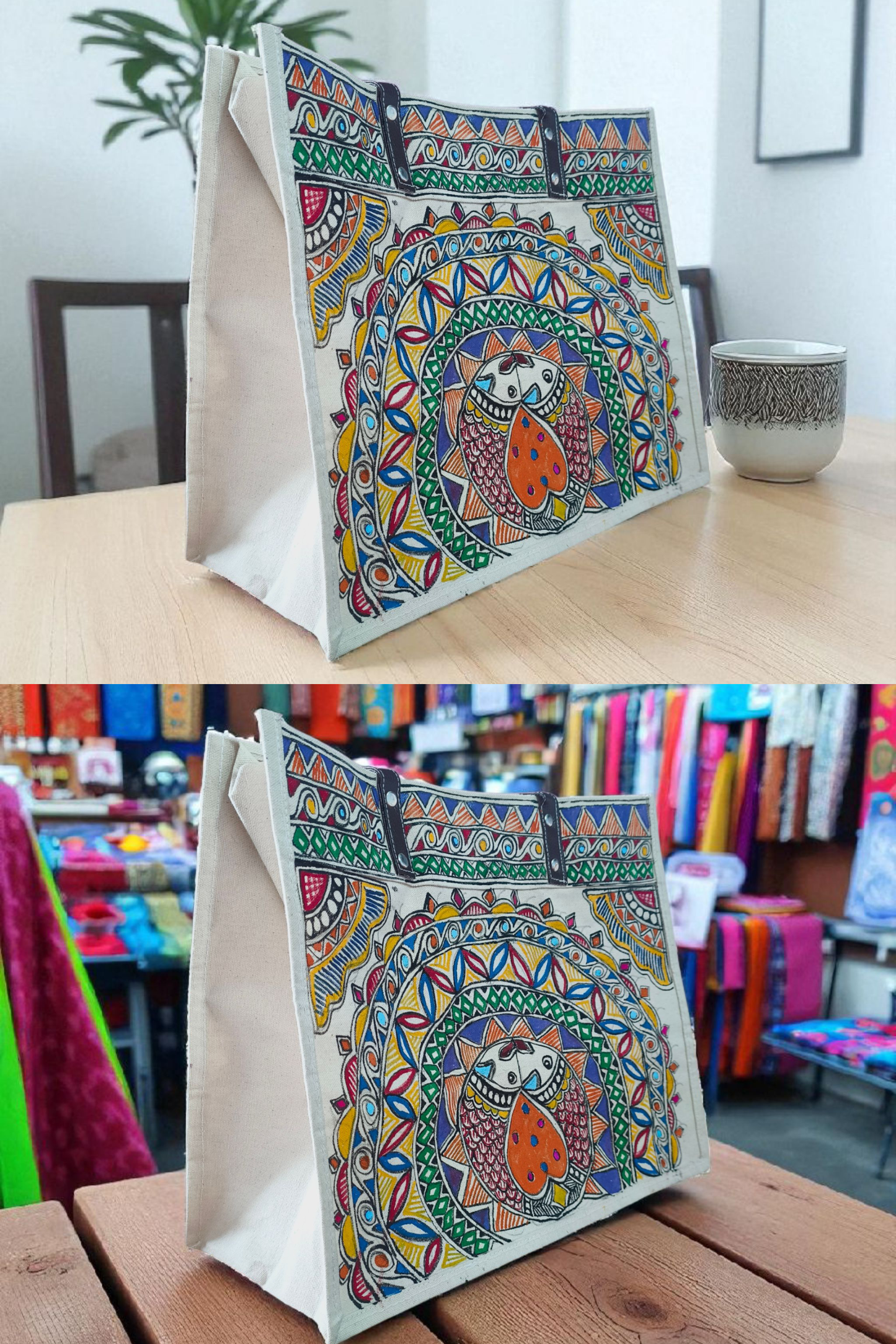 Madhubani Hand-painted Tote Bag – Fish Design