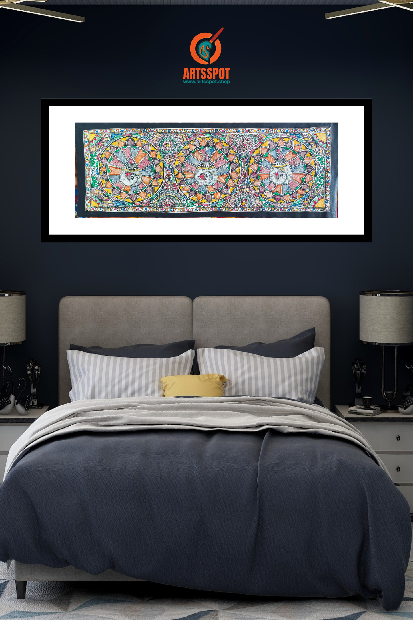 Madhubani Peacock Painting – Hand-Painted Folk Art (30x11 in)