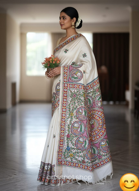 Madhubani Machli Raas Semi Silk Saree with Blouse