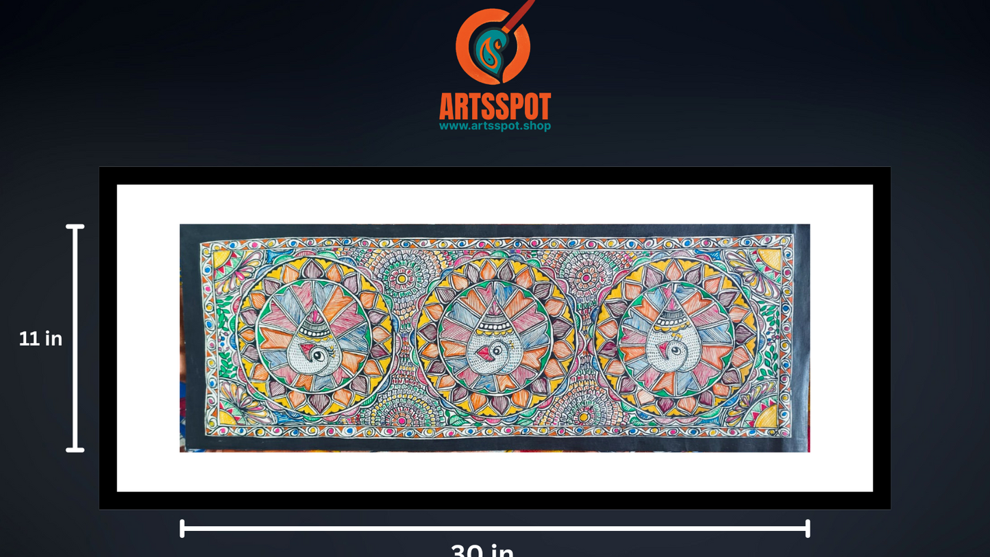 Madhubani Peacock Painting – Hand-Painted Folk Art (30x11 in)