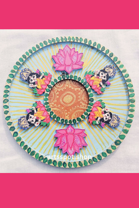Handcrafted Wooden Madhubani Pooja Plate with Acrylic Lotus & Laxmi Motif