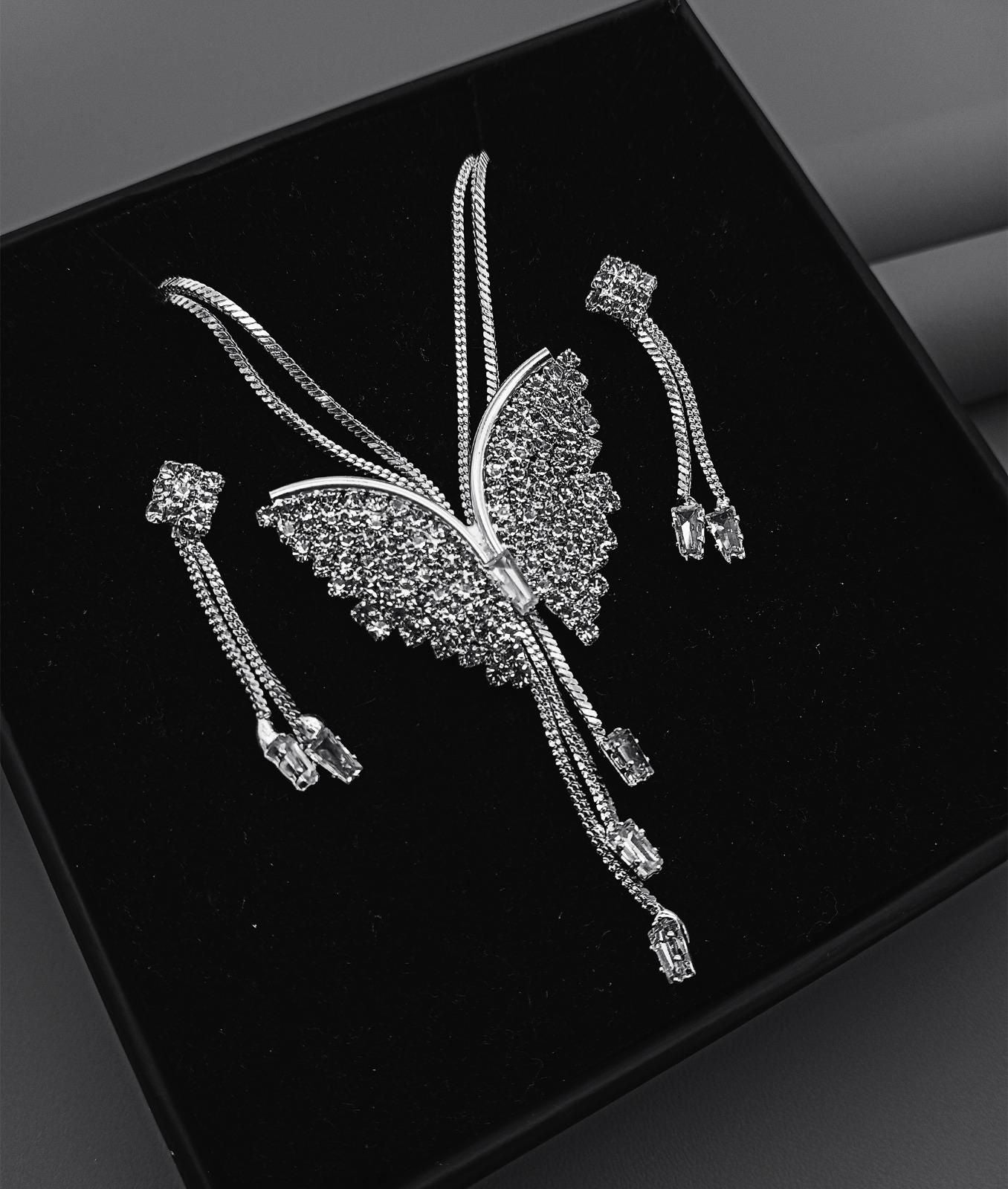 Silver Butterfly Pendant Necklace Set with Crystal-Studded Earrings