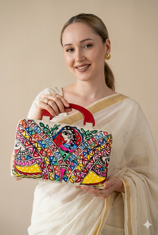 Hand-Painted Canvas Handle Bag – Madhubani Art Design