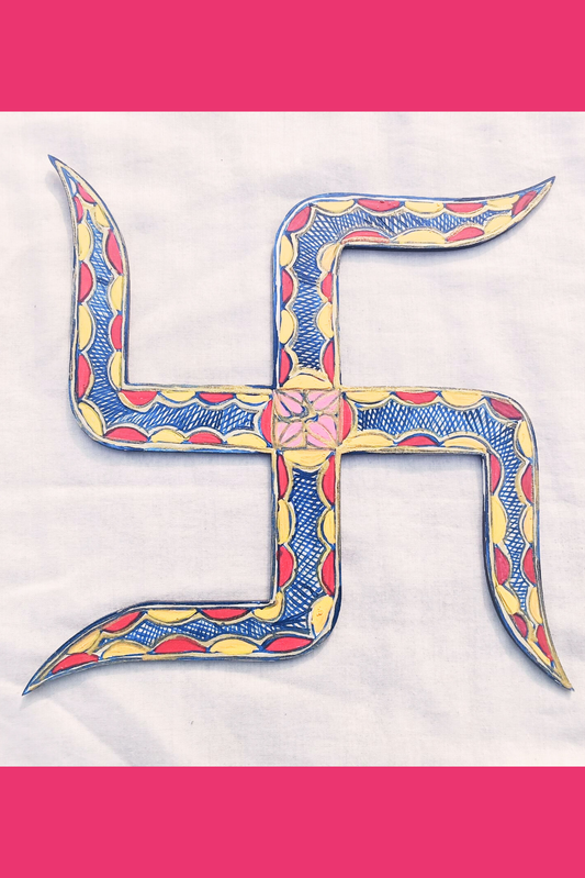 Handcrafted Wooden Swastik Wall Decor | Acrylic Madhubani Hand-Painted Auspicious Symbol