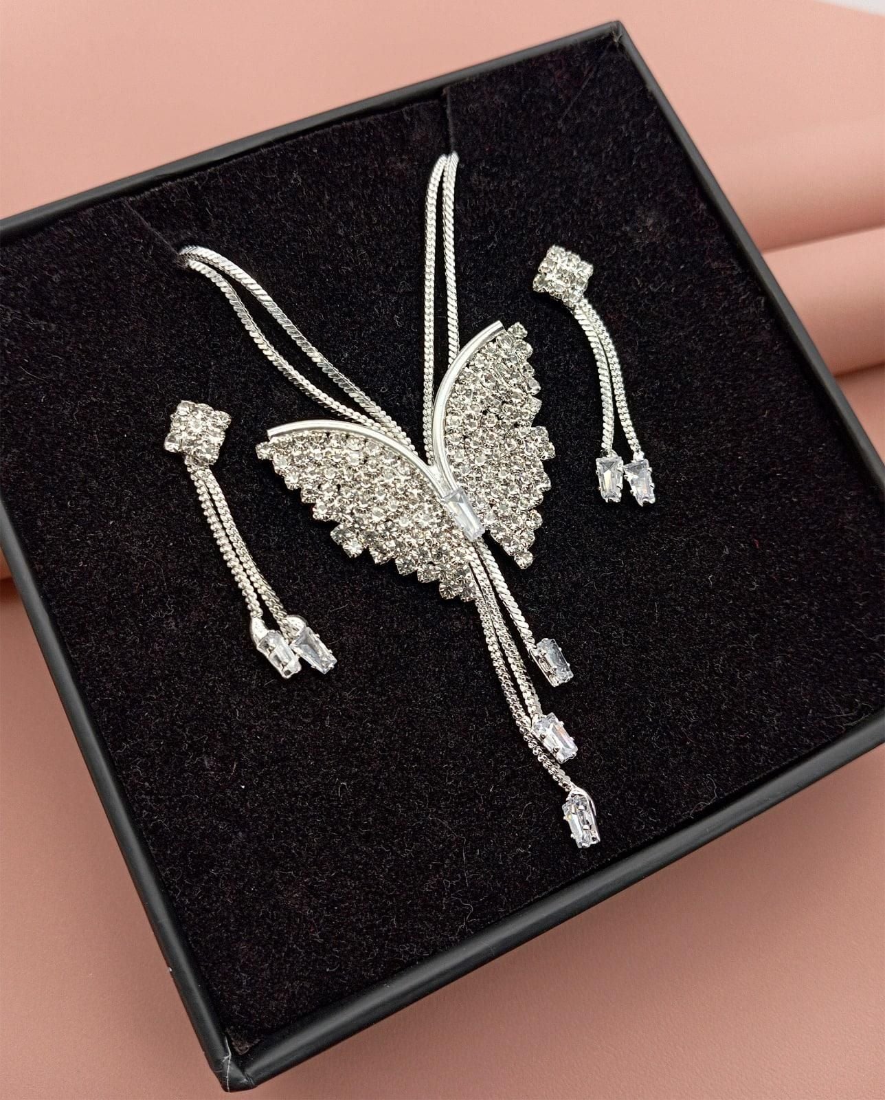 Silver Butterfly Pendant Necklace Set with Crystal-Studded Earrings