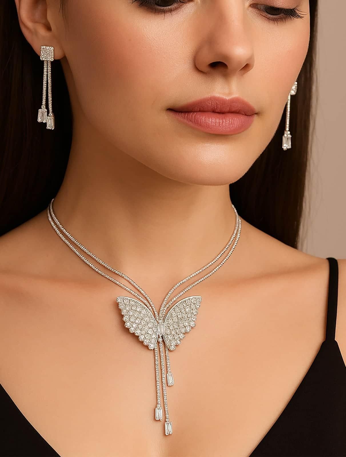 Silver Butterfly Pendant Necklace Set with Crystal-Studded Earrings