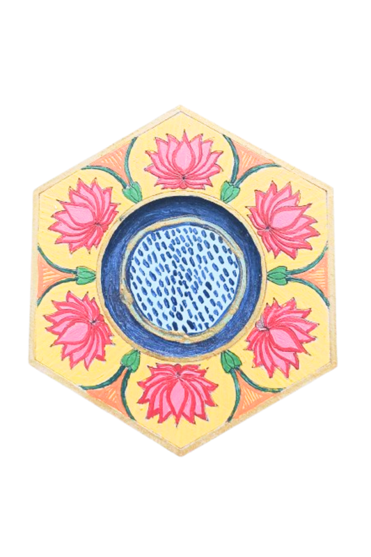 Handcrafted Wooden Hexagon Lotus Wall Decor | Acrylic Madhubani Hand-Painted Art