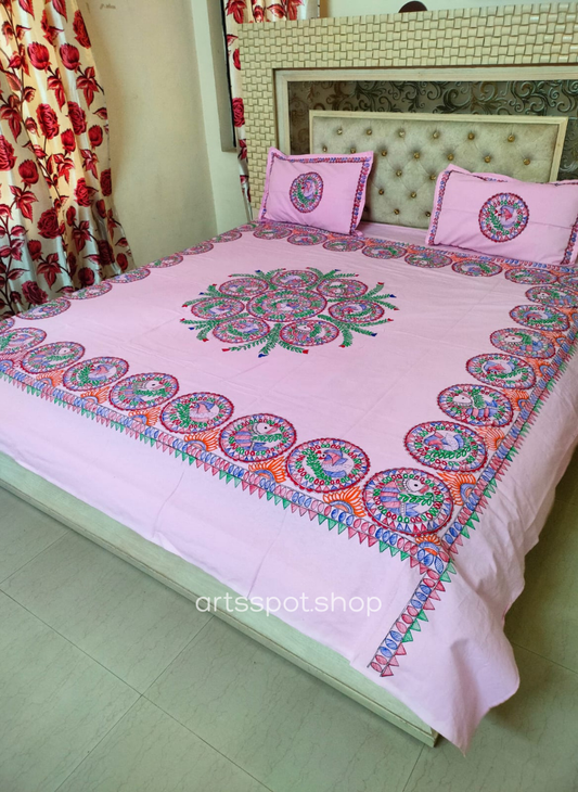 Handcrafted Madhubani Art Cotton Double Bedsheet with 2 Pillow Covers