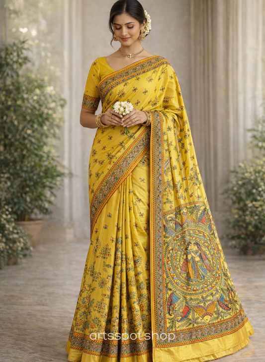 Madhubani Radha Raas Katan Silk Saree with Blouse