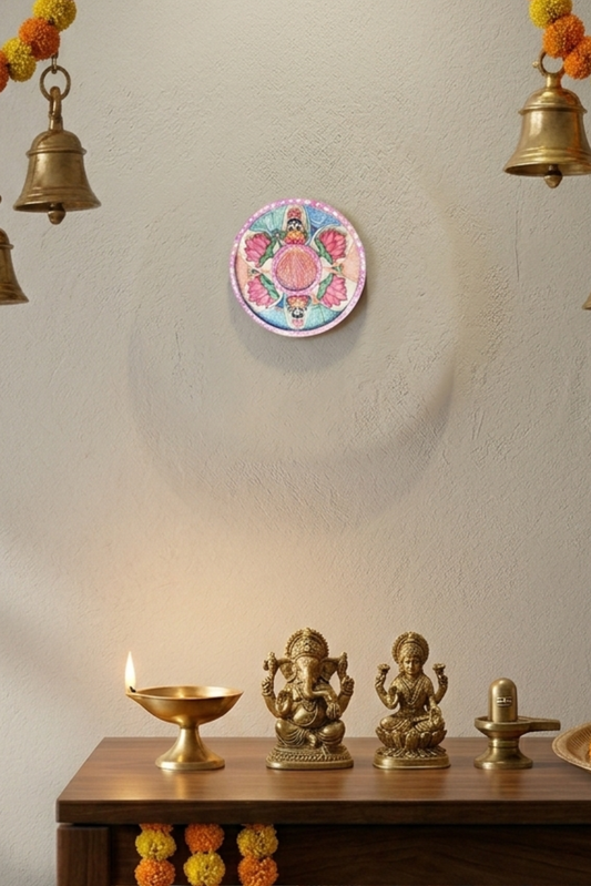 Handmade Wooden Madhubani Lotus Wall Plate – Acrylic Art