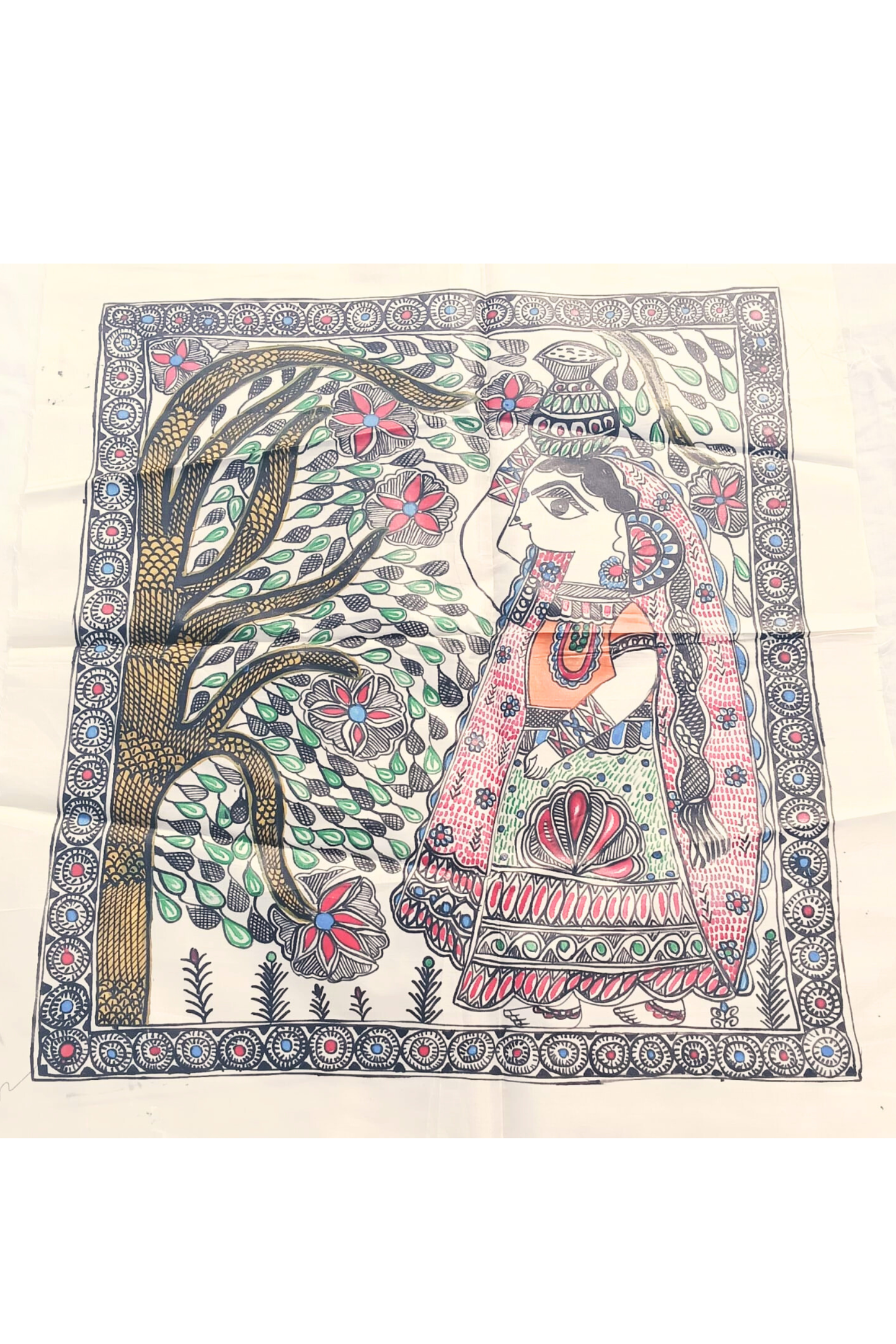 Handmade Madhubani Silk Poster Painting – Traditional Woman Folk Art Wall Décor