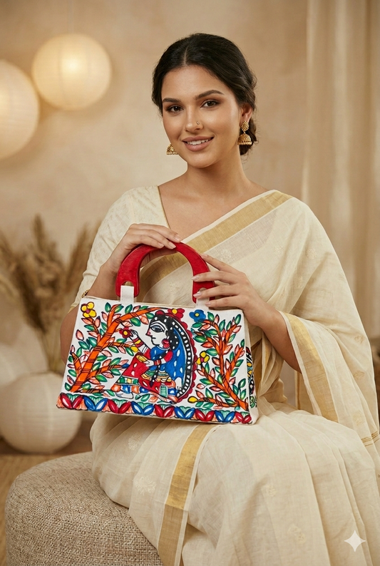 Handmade Madhubani Painted Handbag with Wooden Handle & Zip Closure