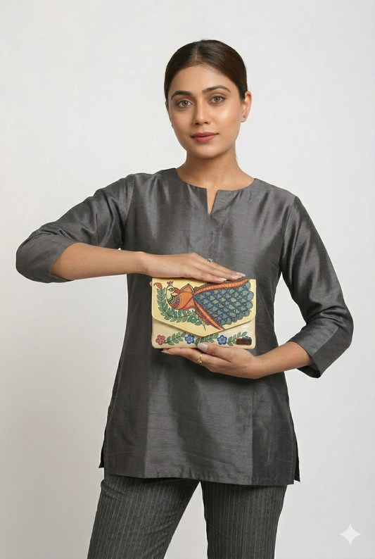 Luxury Silk Clutch with Handcrafted Madhubani Peacock Artwork (Front & Back Design)